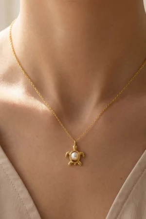 Gold Dipped Pearl Turtle Pendant Necklace