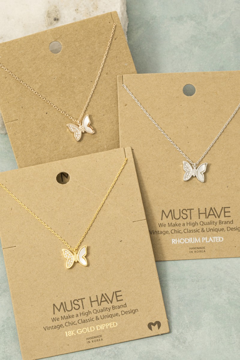 Gold Dipped Shell And Cz Pave Butterfly Pendant Necklace