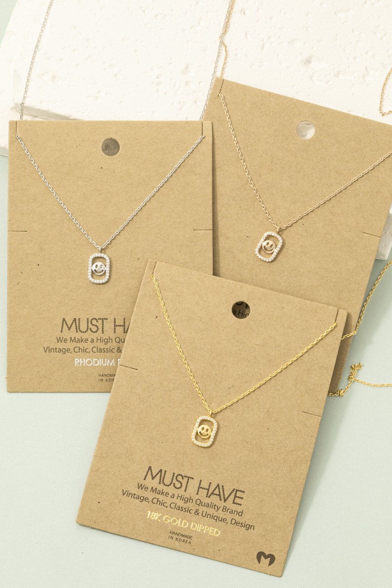 Gold Dipped Cz Halo Set Smiley Face Pendant Necklace