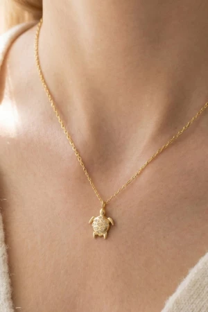 Gold Dipped Cz Studded Turtle Pendant Necklace