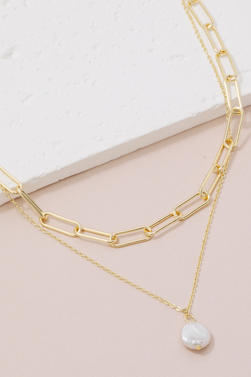 Pearl Coin Pendant Layered Chains Necklace