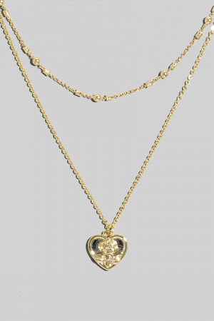 Intricate Rose Heart Pendant Layered Chains Necklace