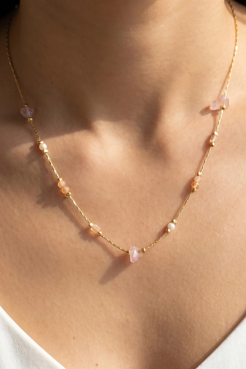 Handmade Gemstone Pearl Station Necklace