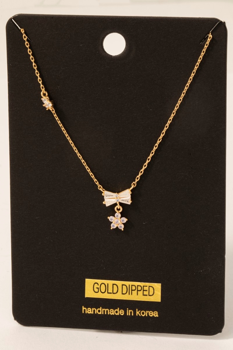 Gold Dipped Cz Bow Tie And Flower Pendant Necklace