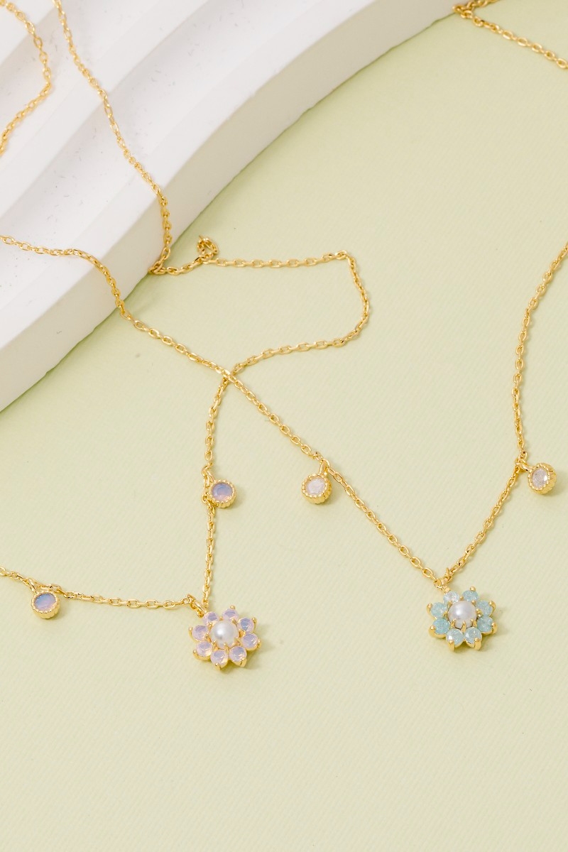 Gold Dipped Mixed Cz Flower And Charms Chain Necklace