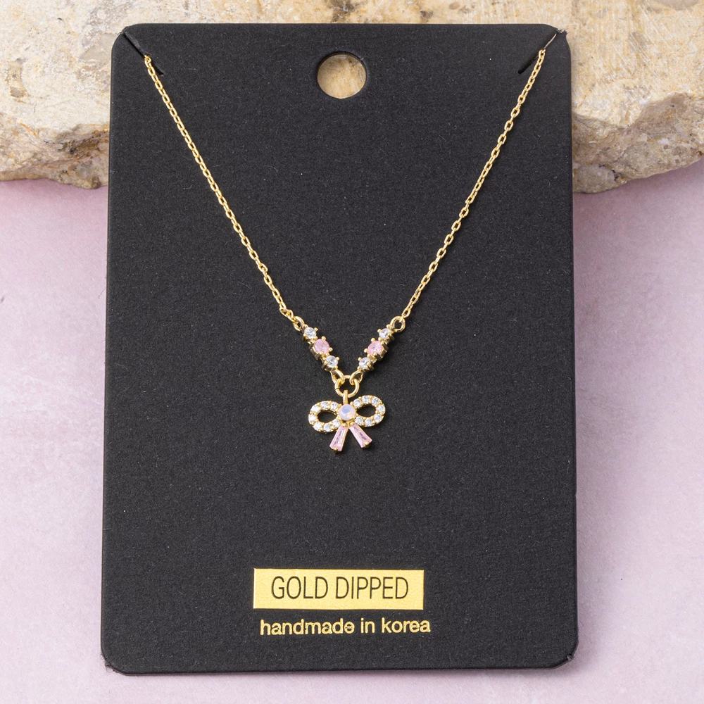Gold Dipped Pave Cz Bow Pendant Necklace