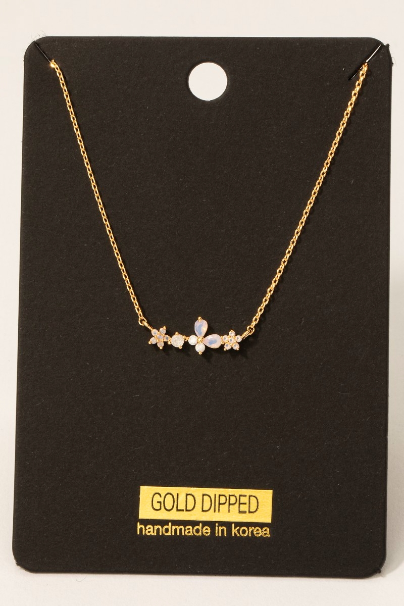 Gold Dipped Cz Floral Butterfly Bar Pendant Necklace