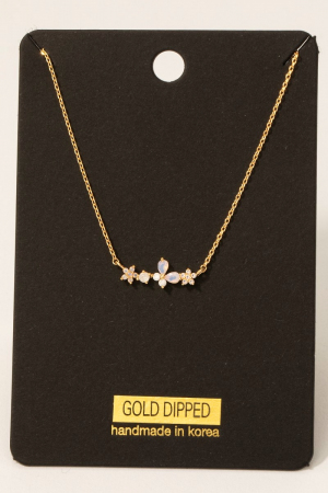 Gold Dipped Cz Floral Butterfly Bar Pendant Necklace