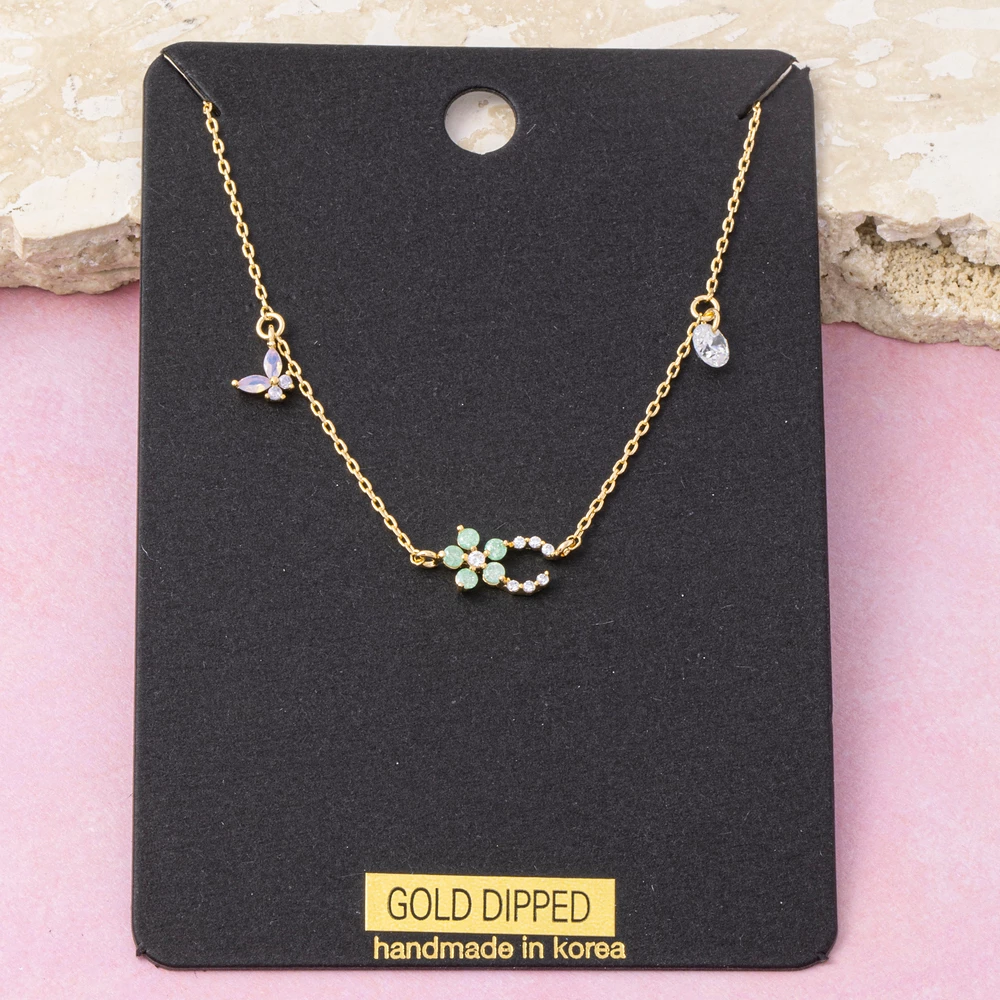 Gold Dipped Cz Flower And Butterfly Charm Necklace