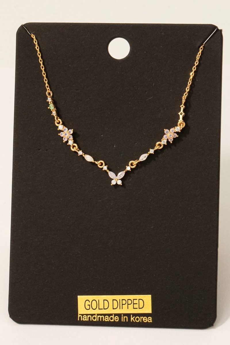 Gold Dipped Cz Butterfly Floral Chain Necklace