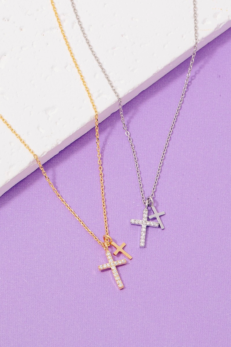 Cz Pave Double Cross Pendant Necklace