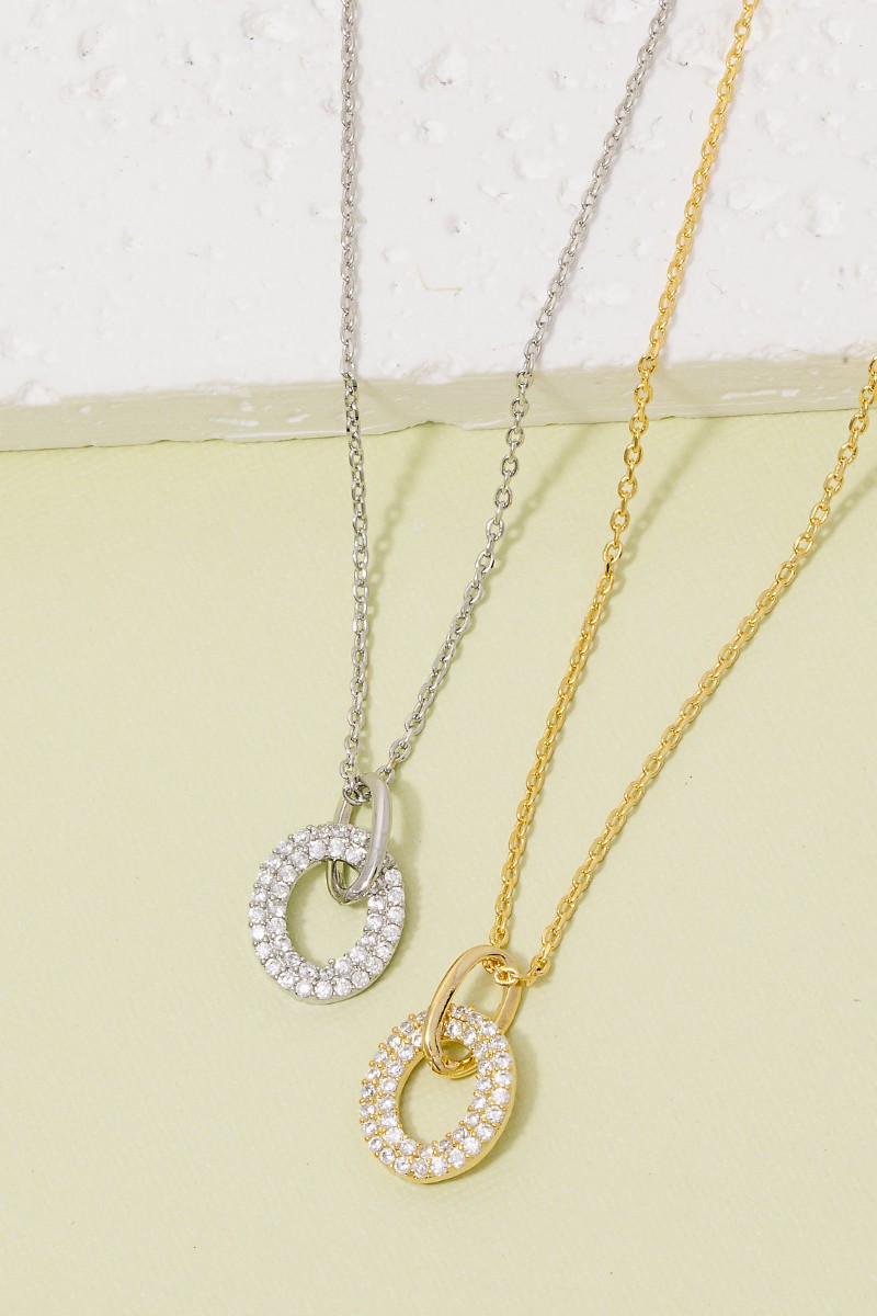 Pave Oval Pendant Dainty Chain Necklace