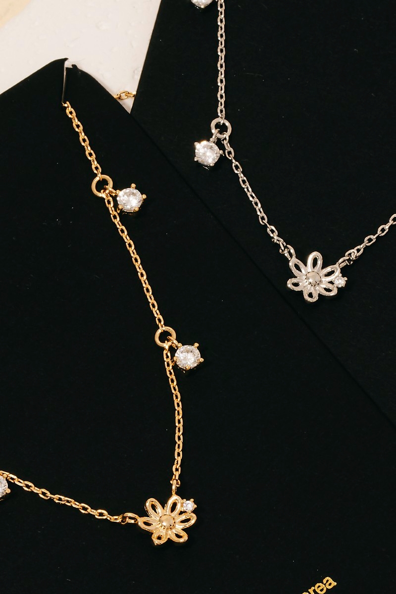 Gold Dipped Cz And Flower Station Charms Chain Necklace