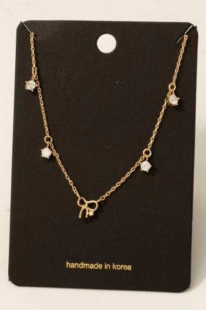 Gold Dipped Cz And Bow Station Charms Chain Necklace