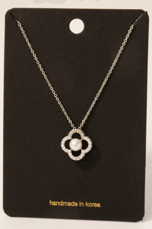 Gold Dipped Cz Set Pearl Clover Pendant Necklace