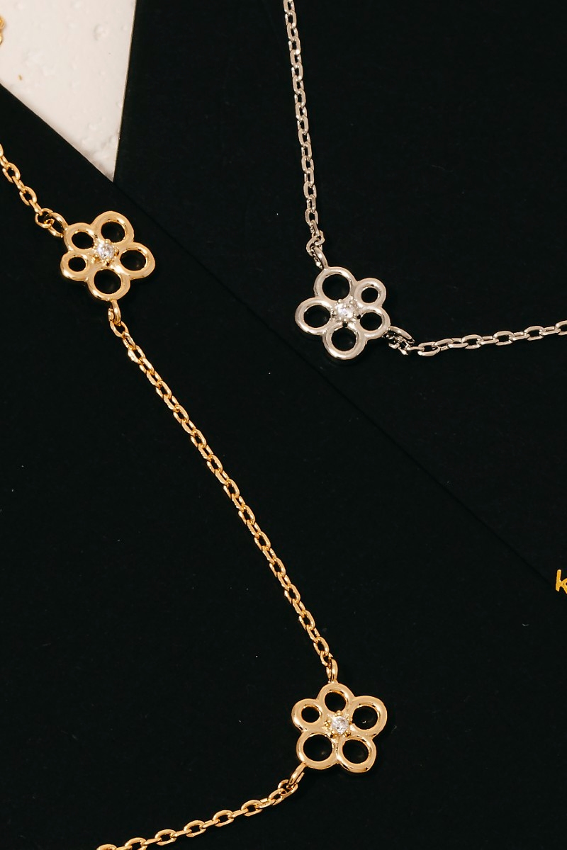 Gold Dipped Cz Flower Station Charms Chain Necklace