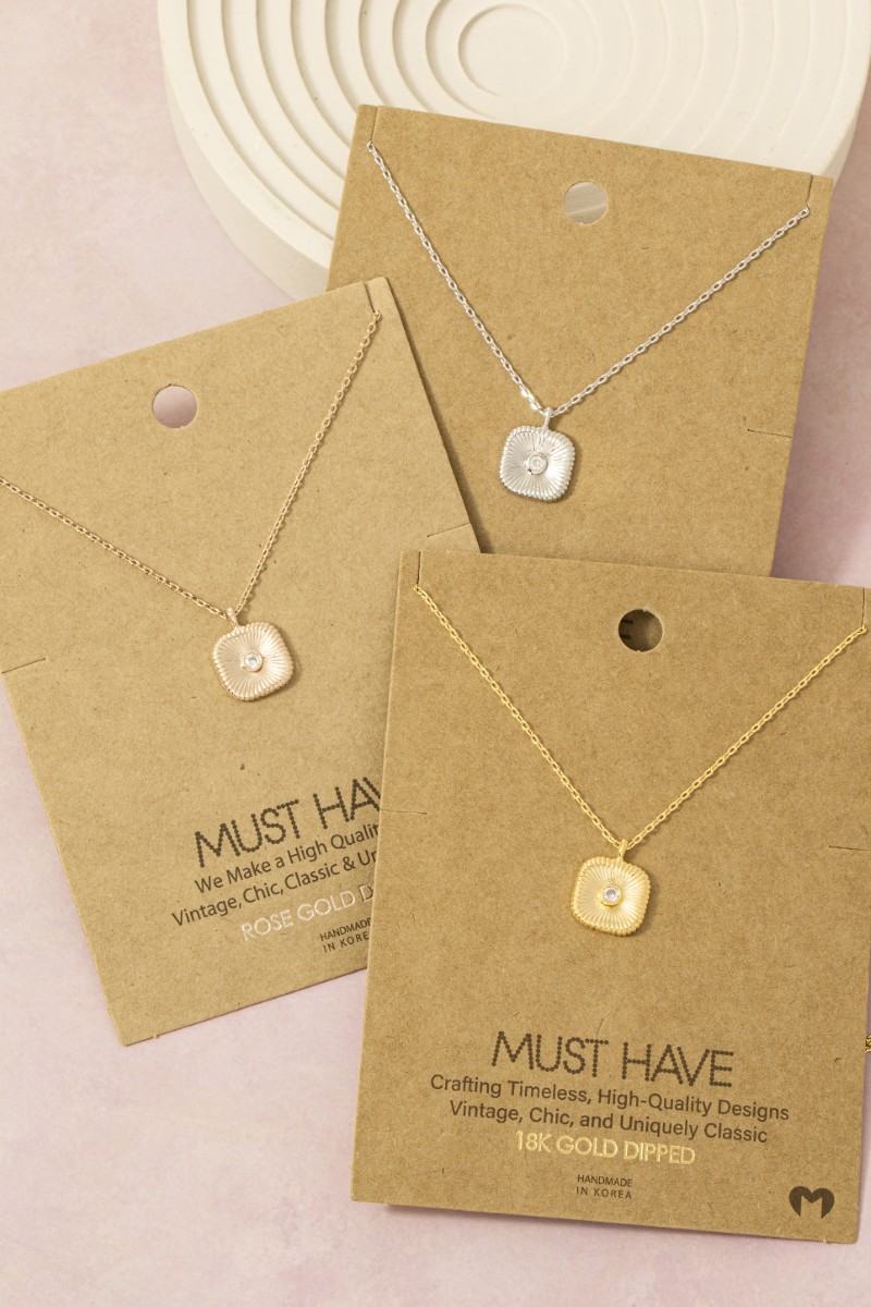 Gold Dipped Cz Stud Square Pendant Necklace