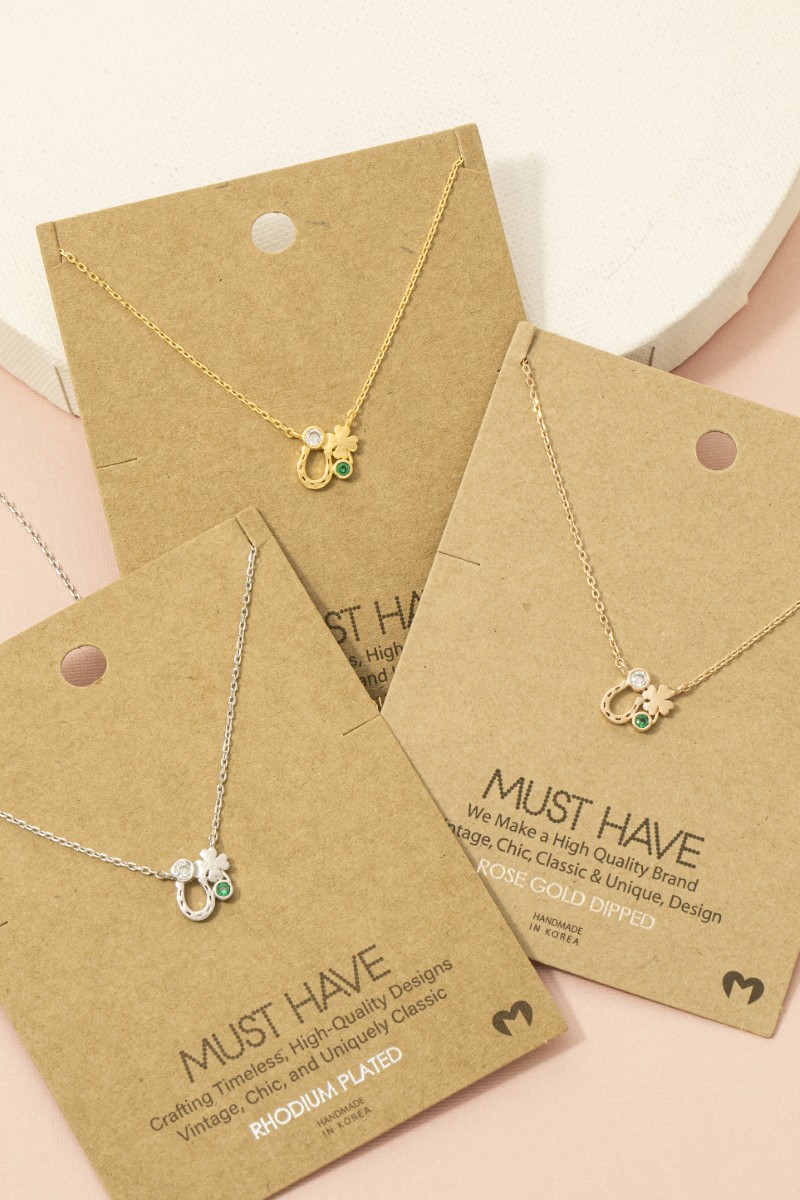 Gold Dipped Horse Shoe Clover And Cz Pendant Chain Necklace