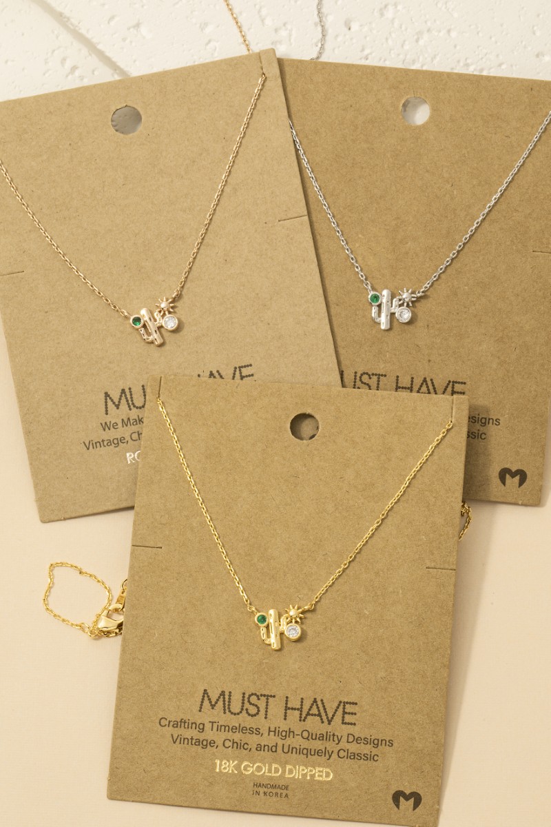 Gold Dipped Cz Cactus Western Pendant Necklace