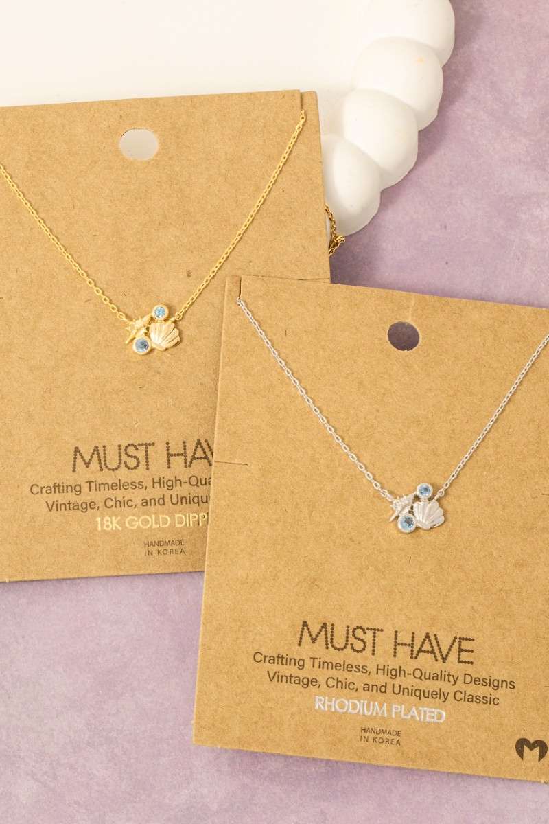 Gold Dipped Sea Shells And Cz Pendant Chain Necklace