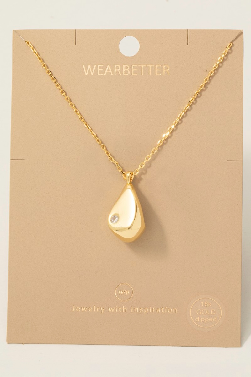 Gold Dipped Cz Stud Teardrop Pendant Necklace