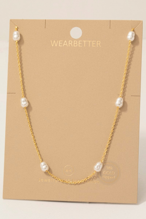 Gold Dipped Pearl Beads Station Chain Necklace