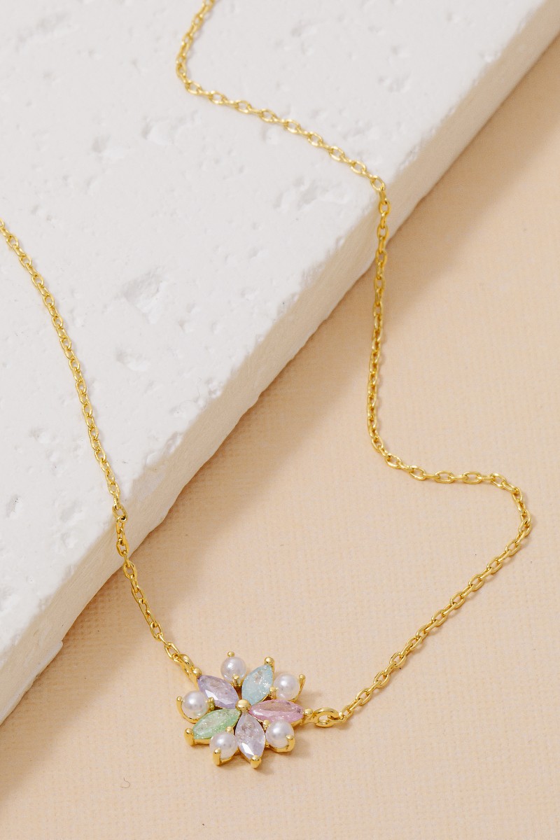 Gold Dipped Cz And Pearl Studded Flower Pendant Necklace