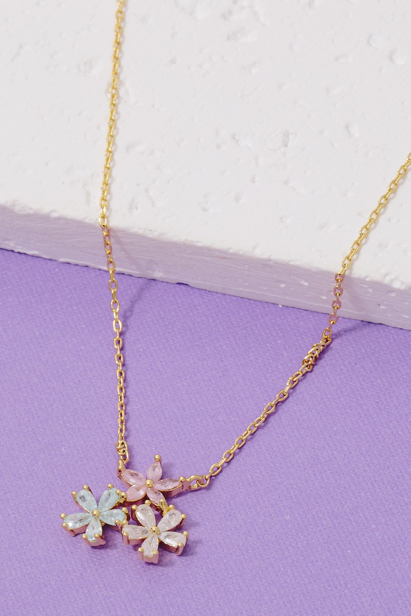 Gold Dipped Triple Cz Flowers Pendant Necklace