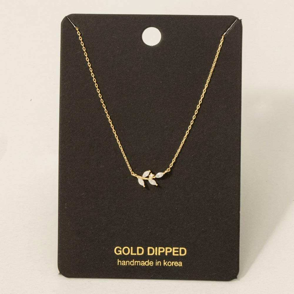 Gold Dipped Cz Leaf Branch Pendant Necklace