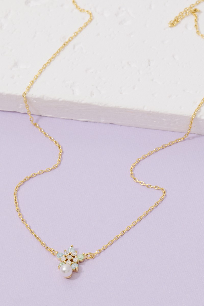 Gold Dipped Cz Flower And Pearl Pendant Necklace
