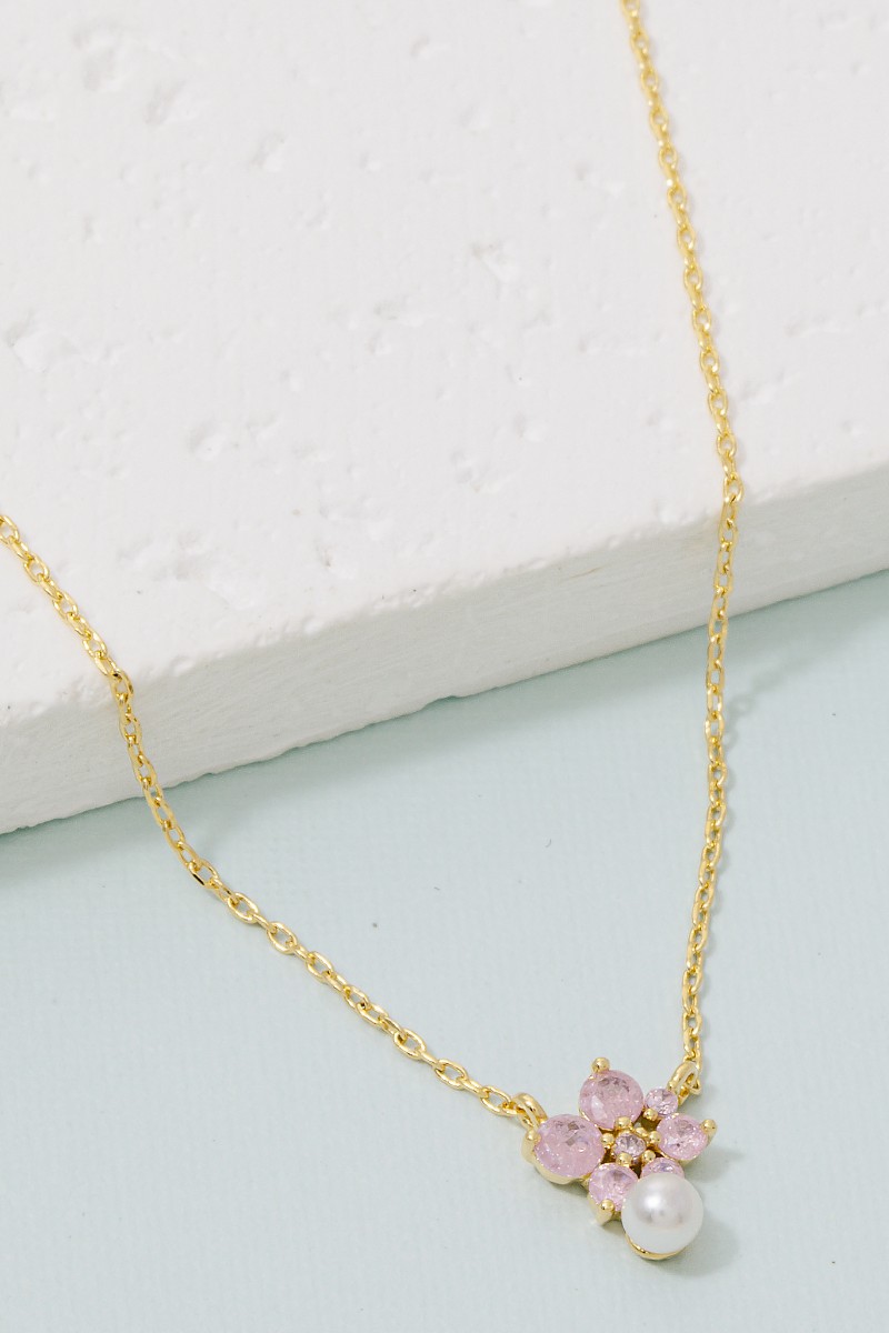 Gold Dipped Pearl And Cz Flower Pendant Necklace