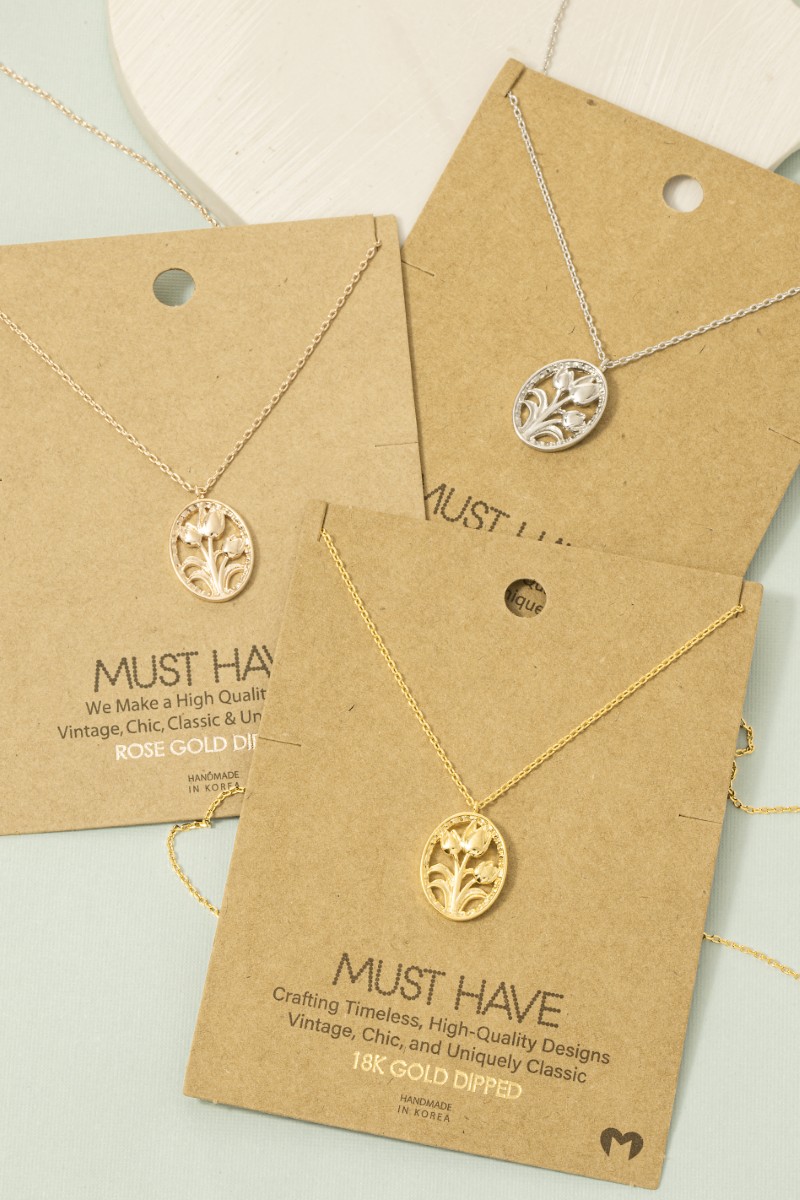 Gold Dipped Oval Tulip Coin Pendant Necklace
