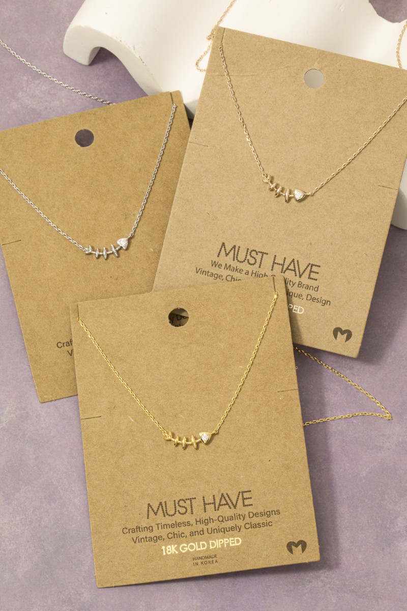 Gold Dipped Cz Fish Bones Pendant Necklace