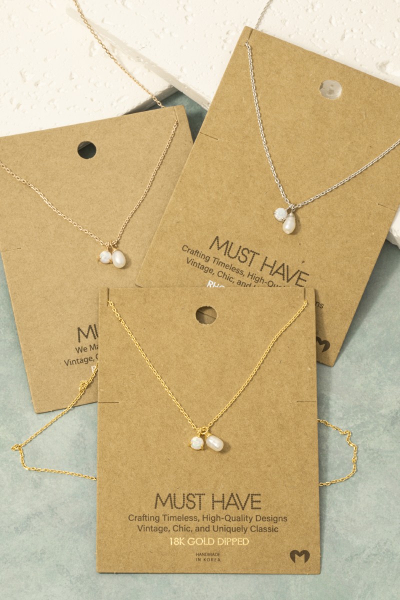 Gold Dipped Opal And Pearl Charms Chain Necklace