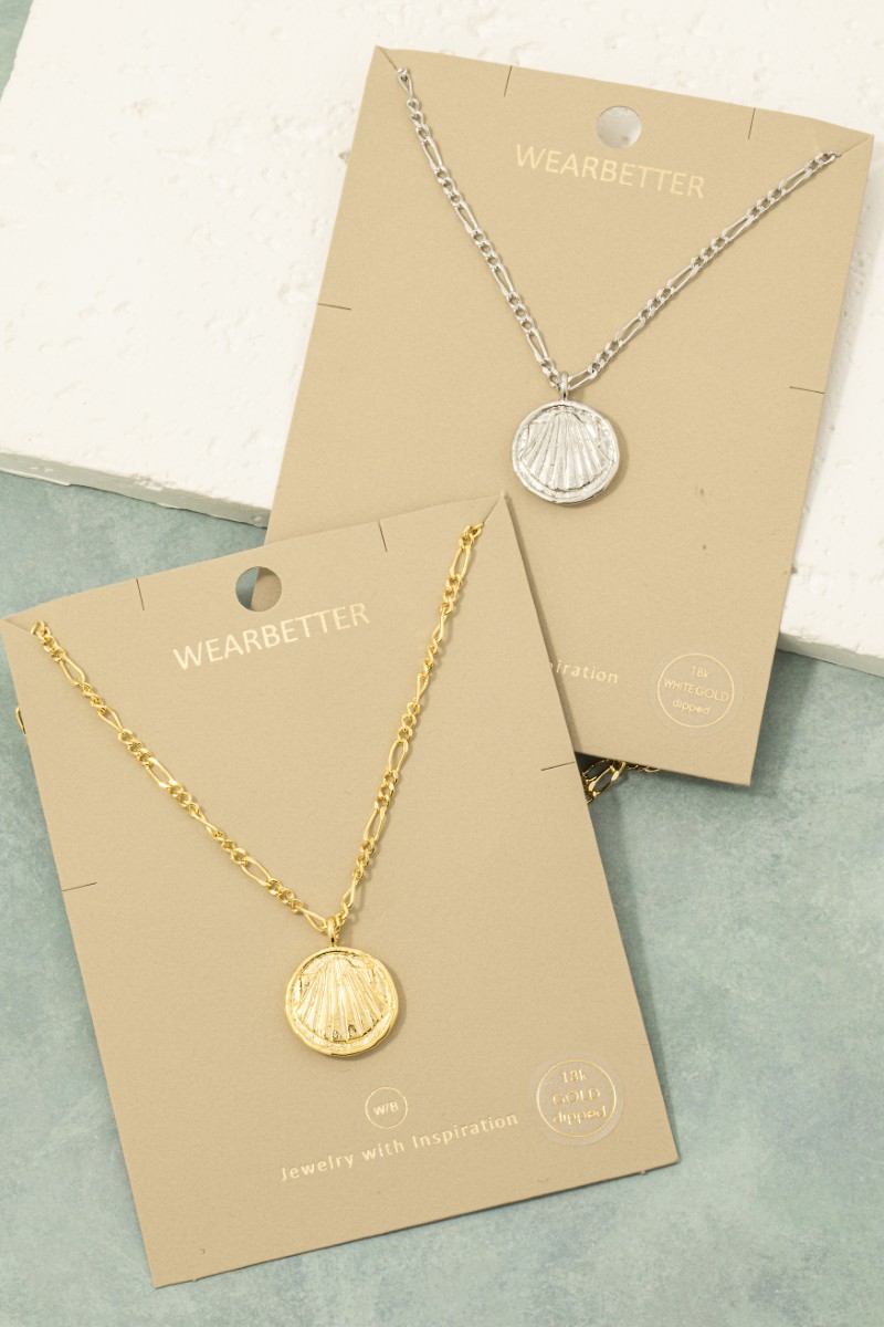 Gold Dipped Stamped Clam Shell Coin Pendant Necklace
