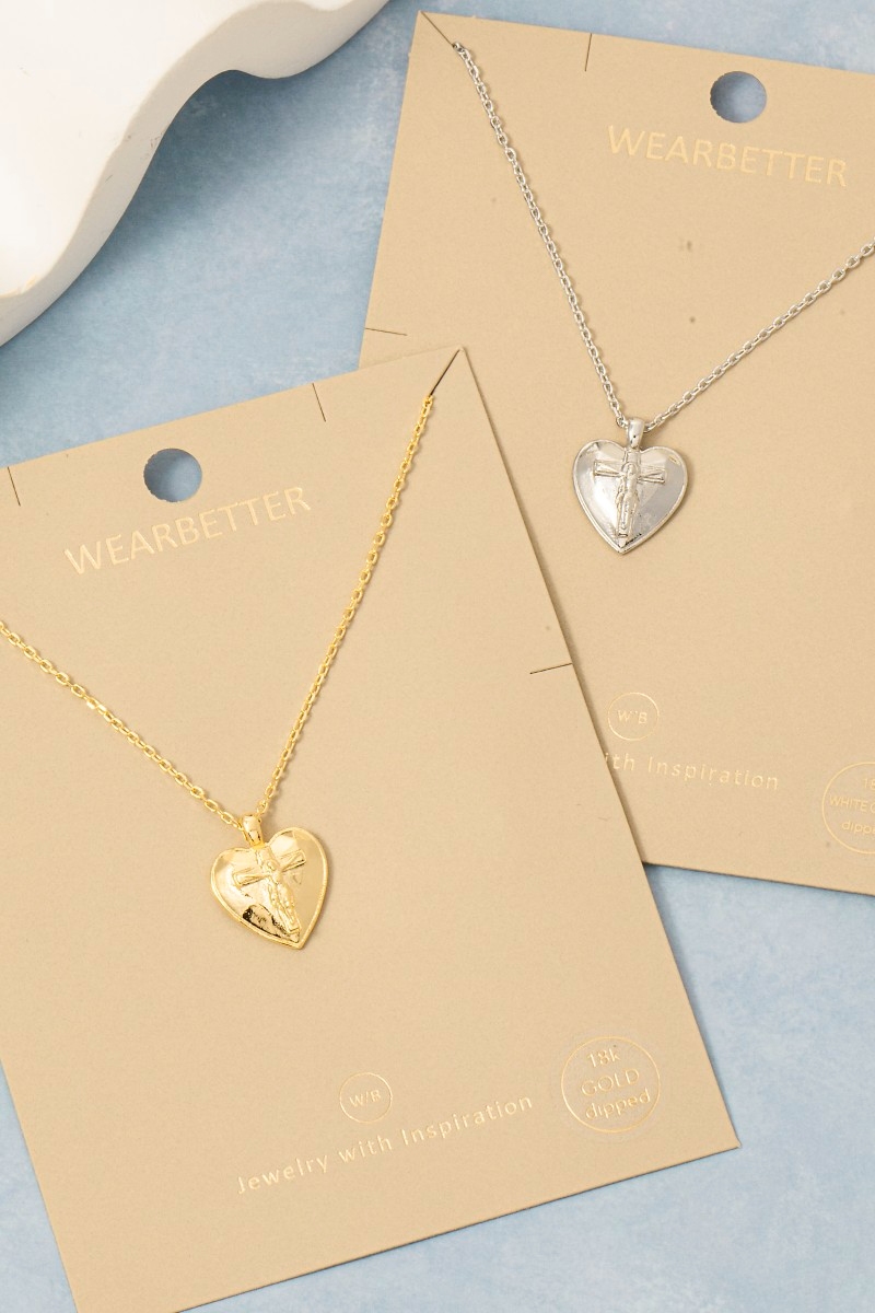 Gold Dipped Crucifix Cross Heart Pendant Necklace
