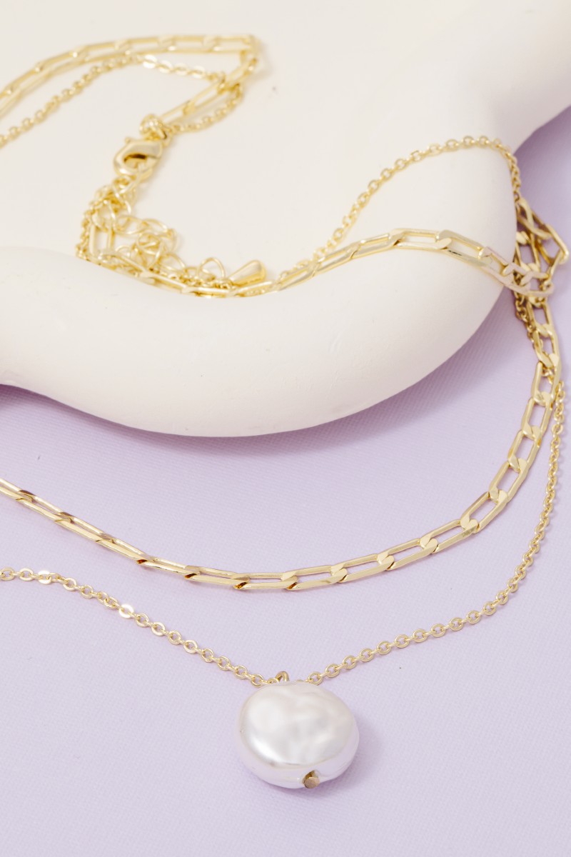 Pearl Coin Pendant Mixed Chain Layered Necklace