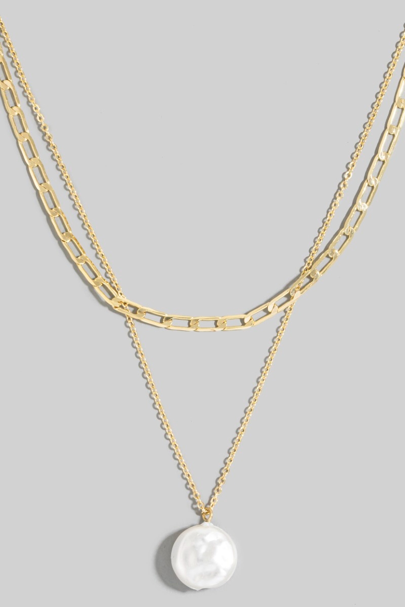 Pearl Coin Pendant Mixed Chain Layered Necklace