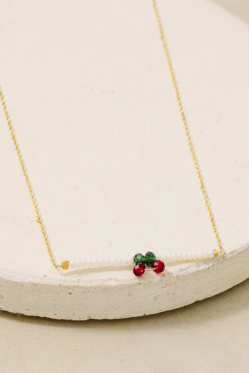 Dainty Beaded Bar Cherry Charm Necklace