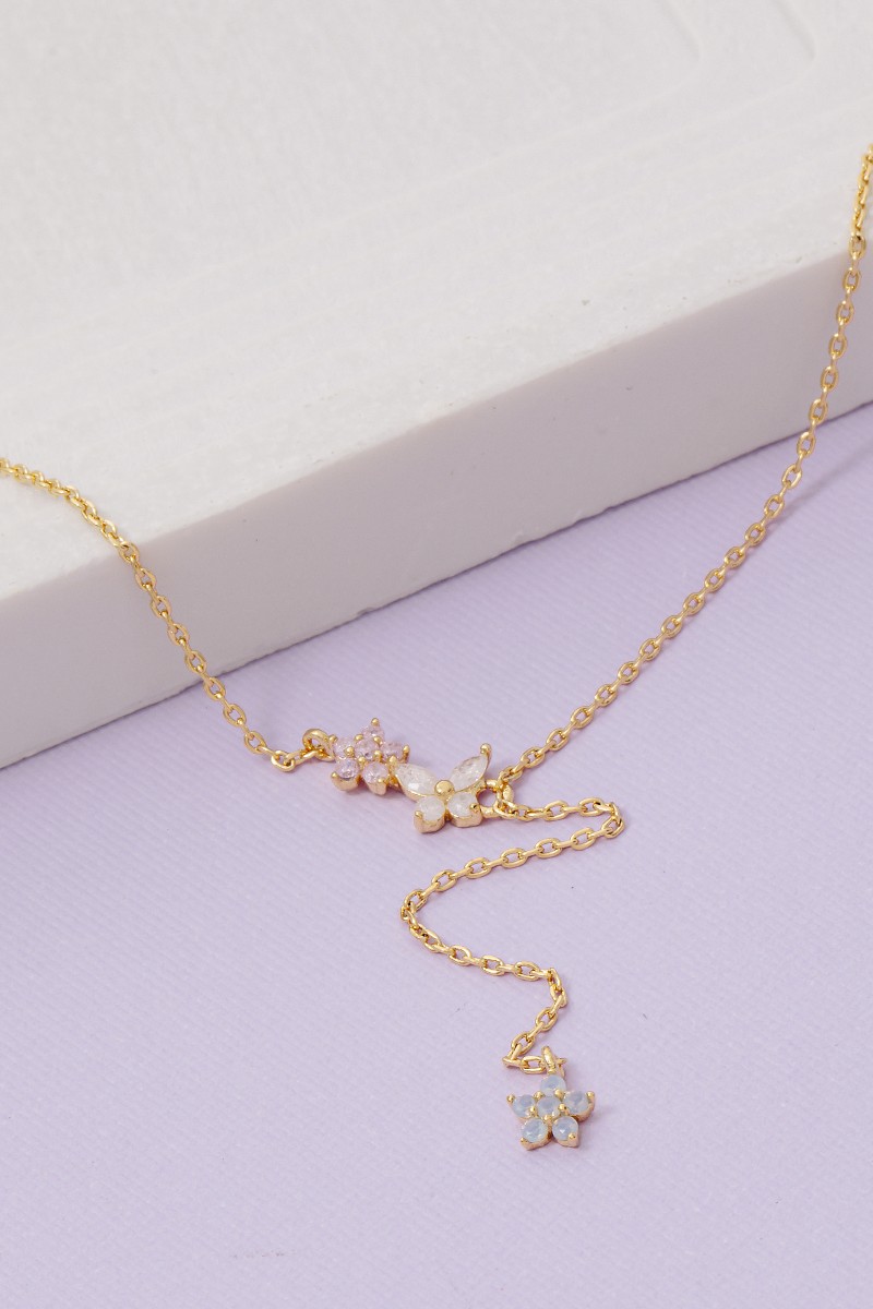 Gold Dipped Cz Flower Lariat Necklace
