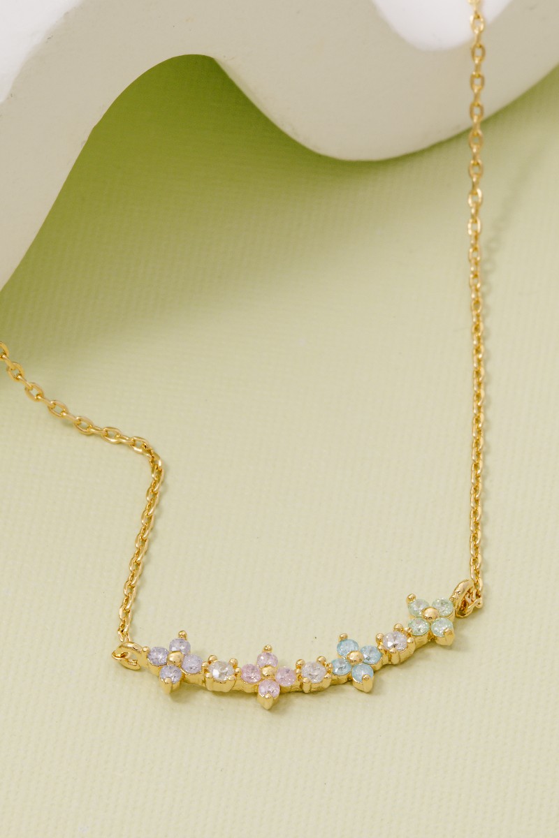 Gold Dipped Cz Multi Flower Charm Necklace
