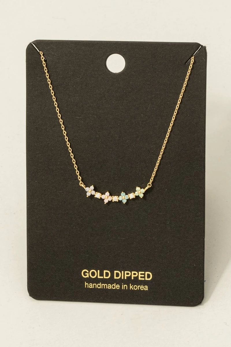 Gold Dipped Cz Multi Flower Charm Necklace