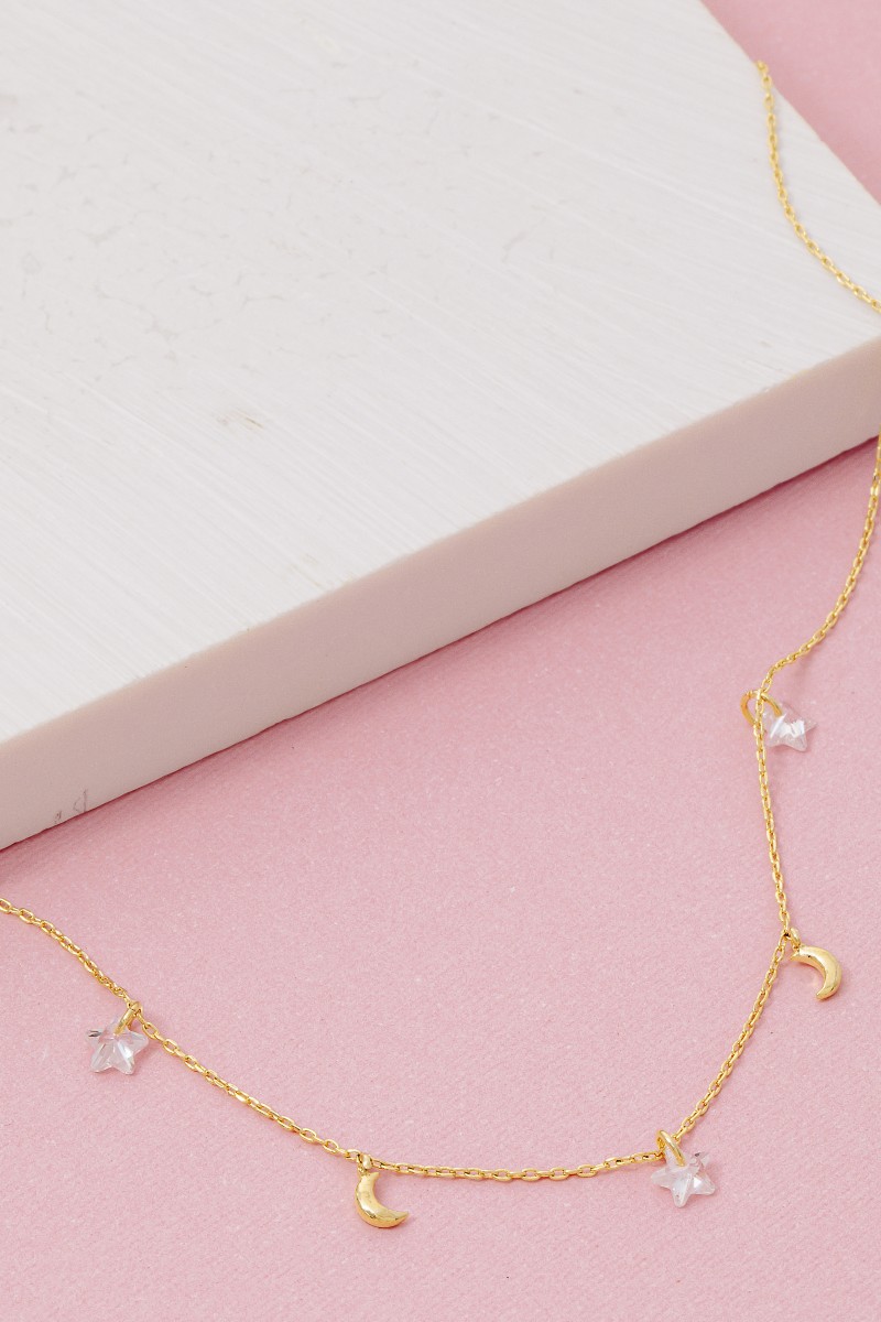 Gold Dipped Cz Star Moon Station Necklace
