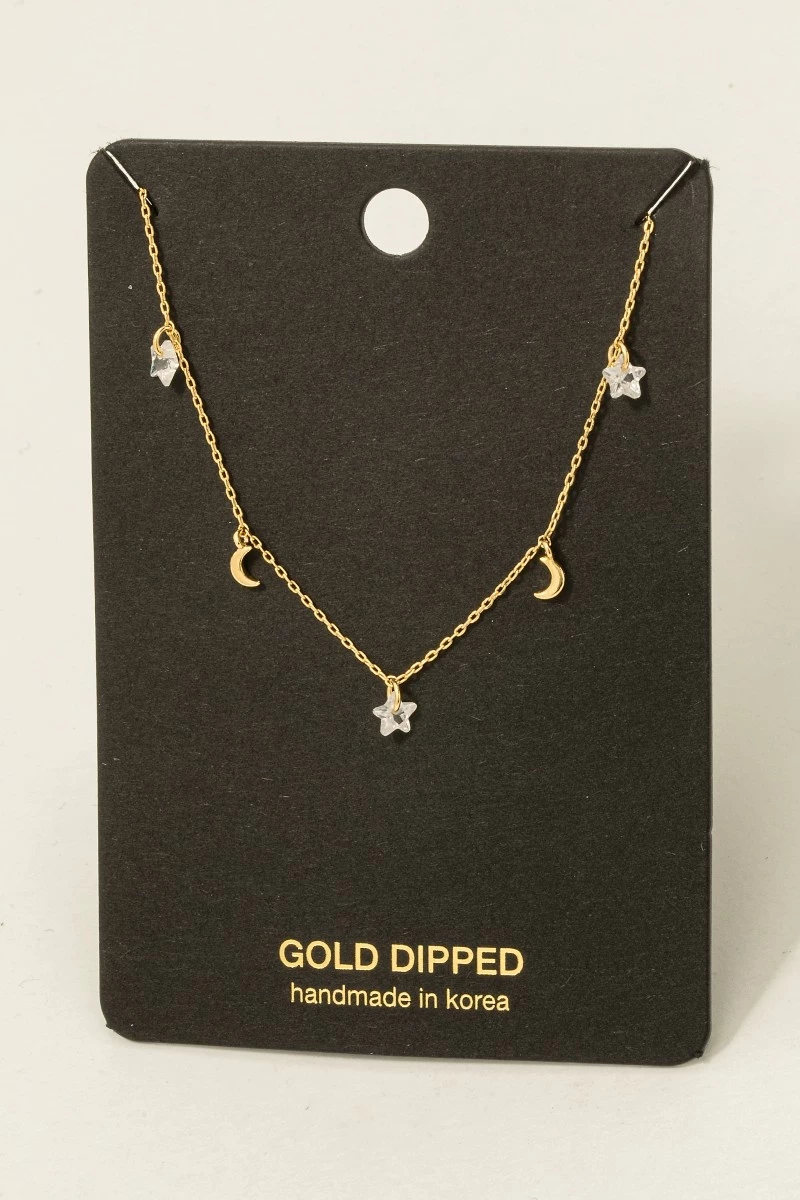 Gold Dipped Cz Star Moon Station Necklace
