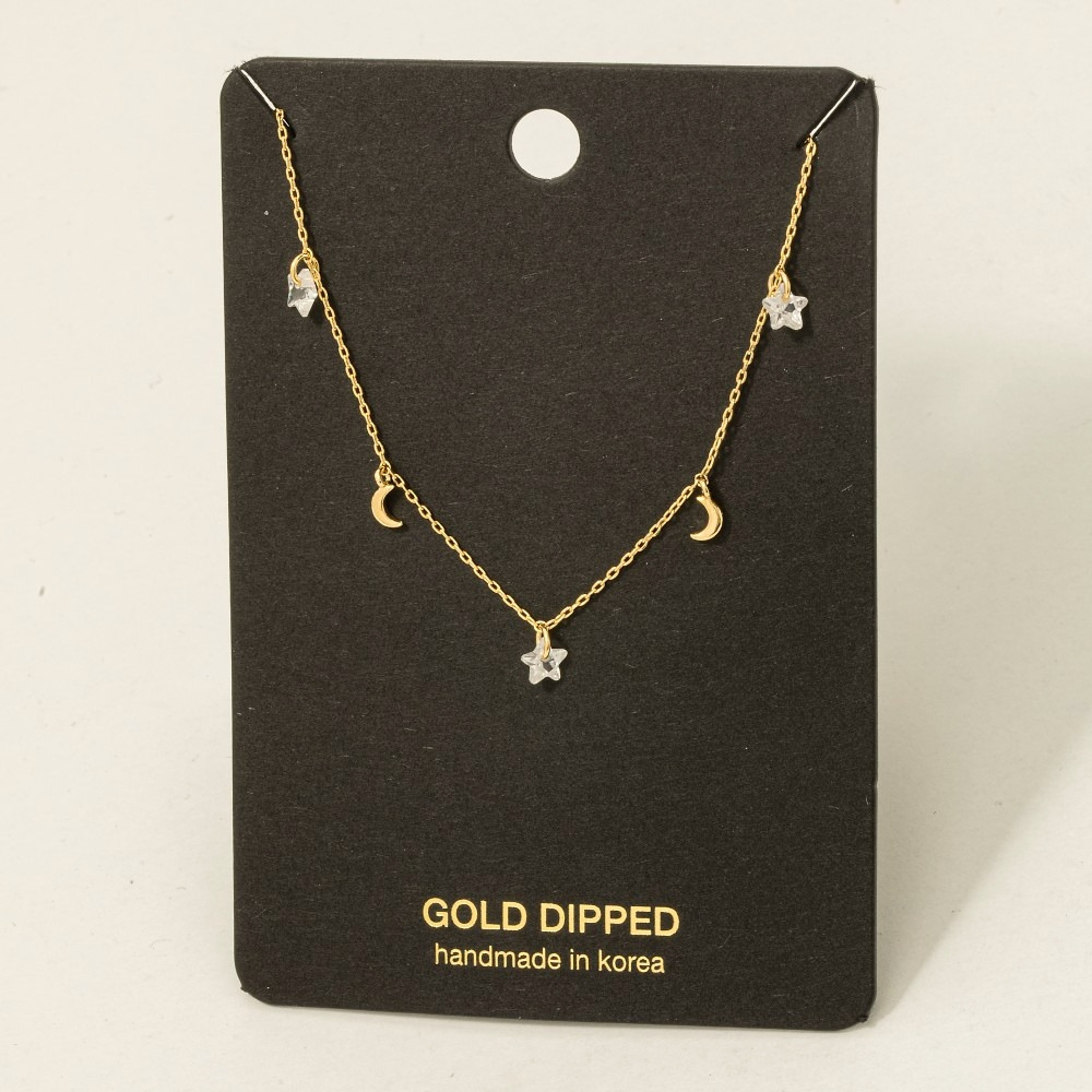 Gold Dipped Cz Star Moon Station Necklace