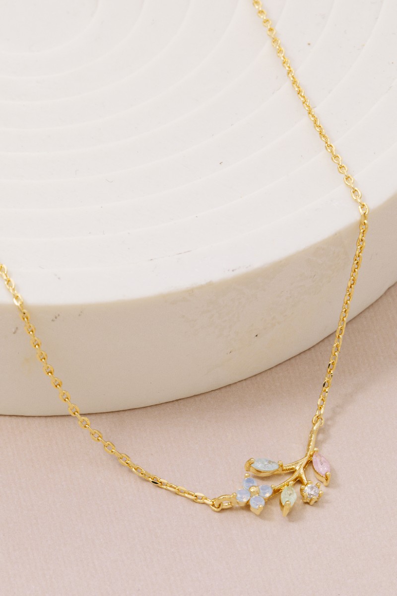 Gold Dipped Cz Flower Leaf Charm Necklace