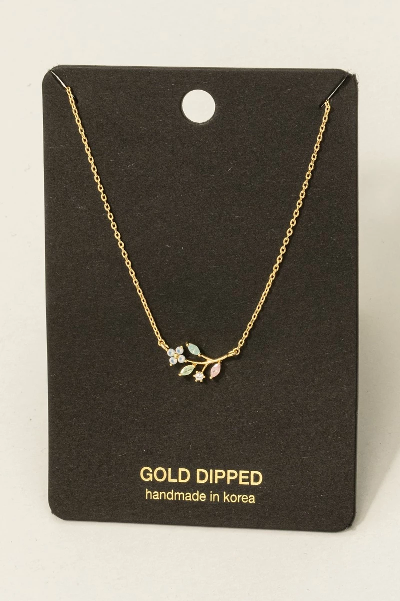 Gold Dipped Cz Flower Leaf Charm Necklace