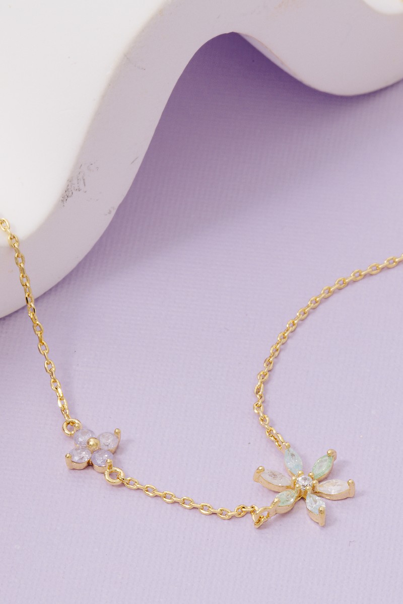 Gold Dipped Double Flower Cz Charm Necklace