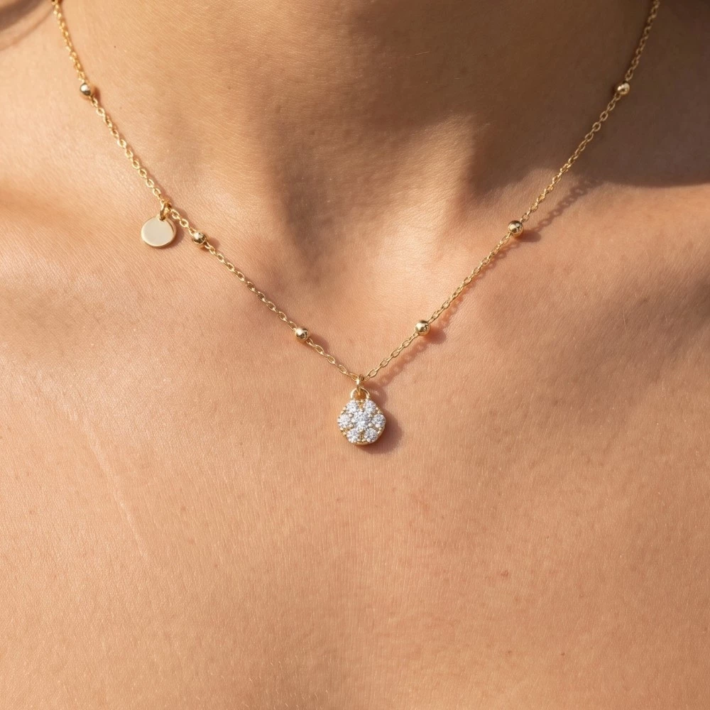 Cz Studded Flower Disc Pendant Necklace