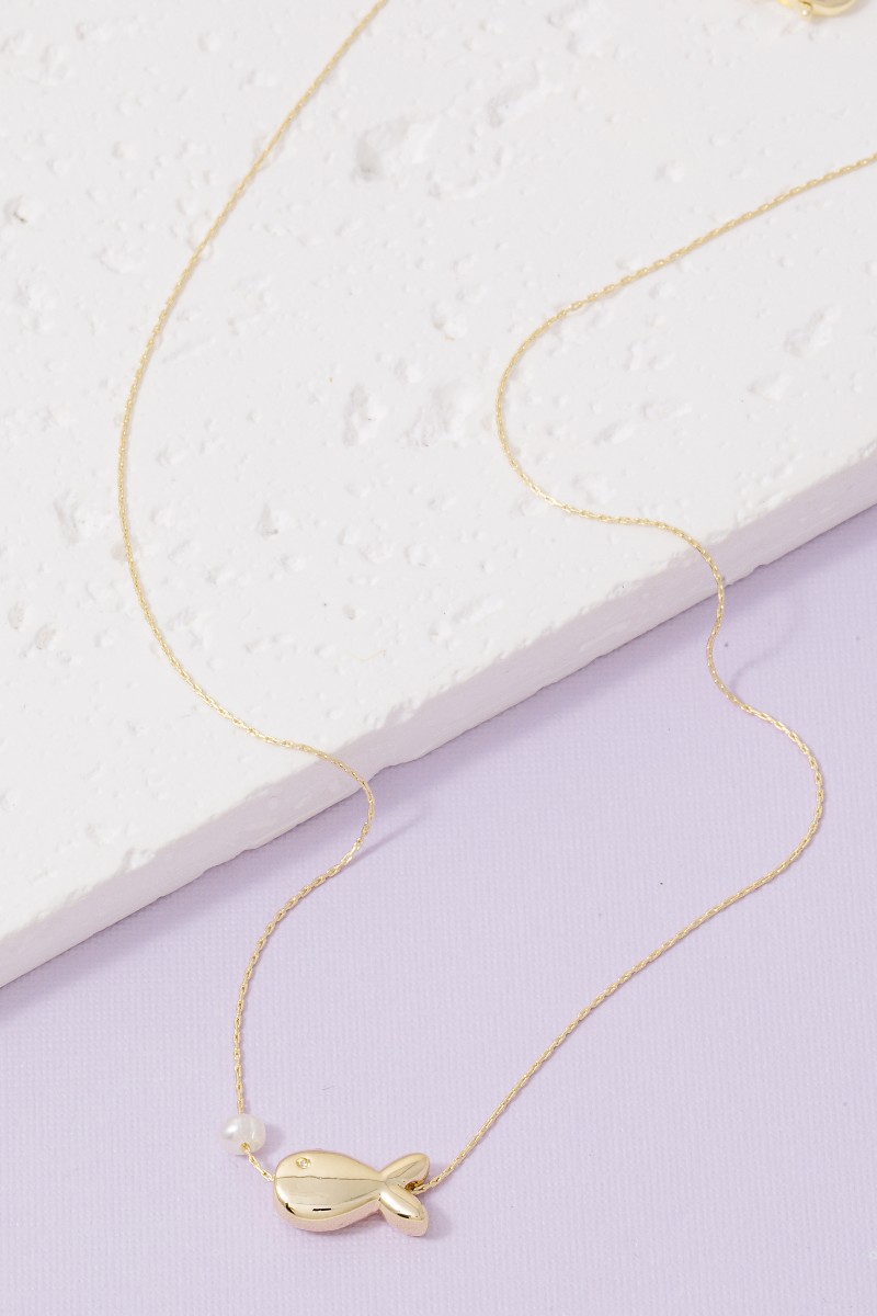 Pearl Bead And Fish Charm Dainty Chain Necklace